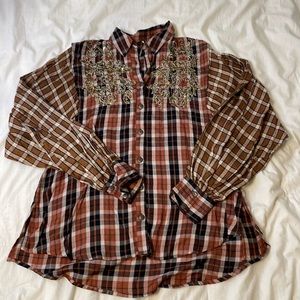 Free People Copper Plaid Mountain Snow Embroidered Sequin Shirt Top Western Med